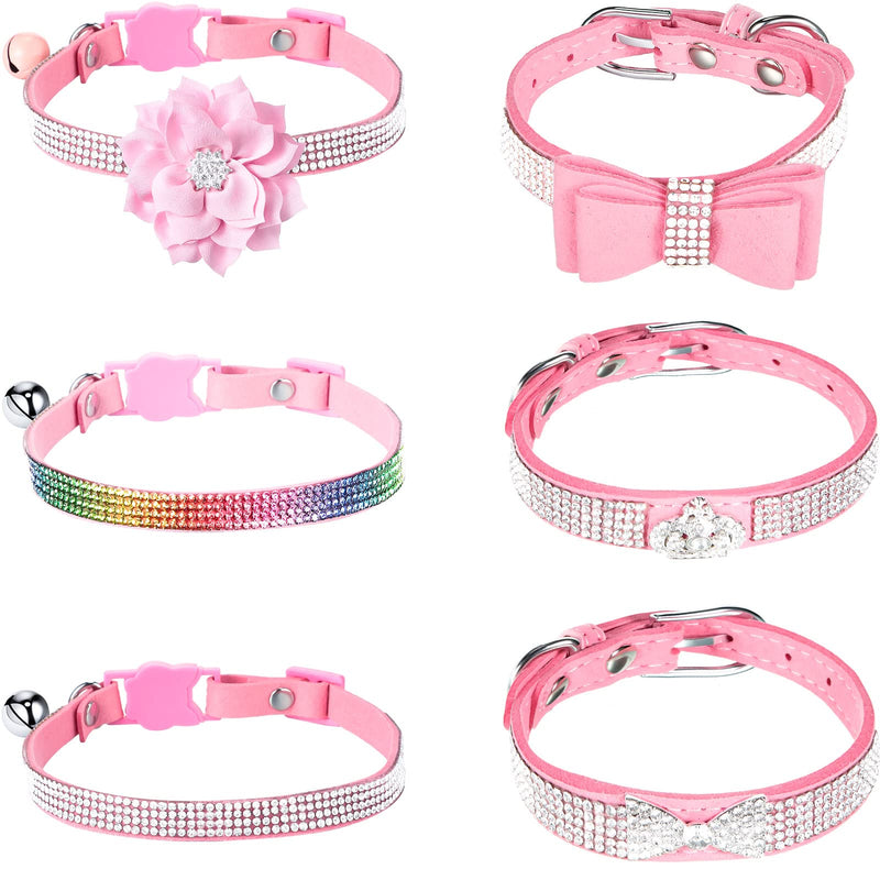 Queekay 6 Pcs Rhinestone Bling Kitten Cat Collar with Bell, Pink Cat Adjustable Kitty Breakaway Collar with Soft Velvet for Girls Cats Kitten and Small Dogs Puppy - BeesActive Australia