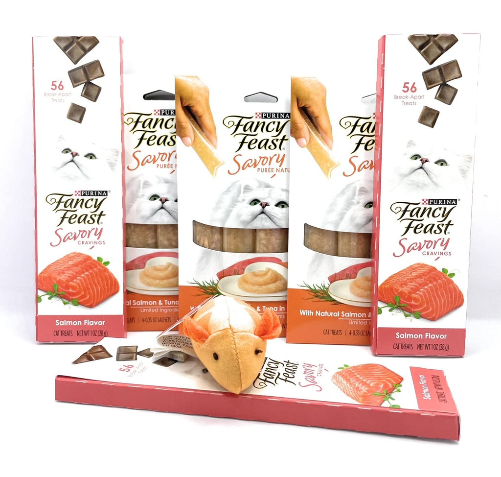 Fancy Feast Savory Cat Food Salmon Treats Flavor Bundle Includes (3) Each: Savory Cravings Salmon Treats (1 oz), Puree Naturals Salmon & Tuna in a Demi-Glace (1.4 oz) & Catnip Toy - BeesActive Australia