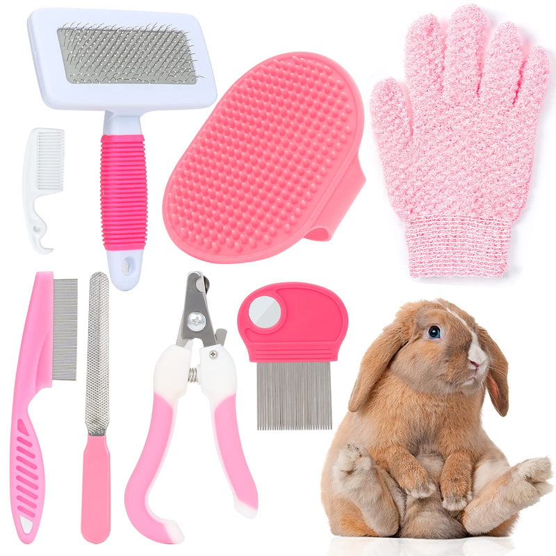 VCZONE 8 Pcs Small Animal Pink Grooming Kit, Rabbit Grooming Kit with Pet Nail Clipper and File, Flea Comb, Pet Shampoo Bath Brush , Pet Shedding Slicker Brush, Bath Massage Glove, Small Cleaning Comb - BeesActive Australia
