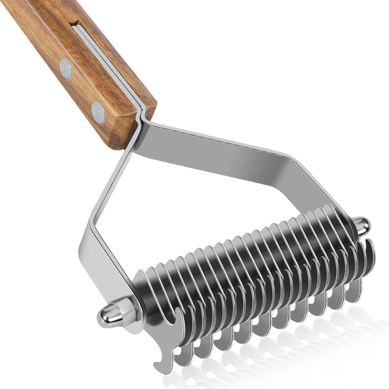 Pet Grooming Brush, 2 Sided Undercoat Rake for Dogs and Cats, Dematting Comb and Deshedding Tool for Shedding Long Hair, Pain Free Removing Tangled and Loose Fur, Stainless Steel with Wooden Handle 2 Sided Pet Grooming Rake - BeesActive Australia