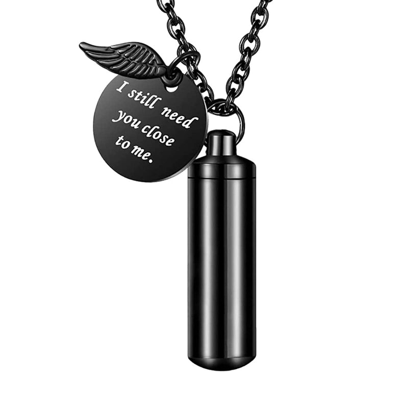 Cylinder Urn Necklace for Ashes Cremation Jewelry for Human Pet Stainless Steel Memorial Keepsake Pendant with Angel Wing Black - BeesActive Australia