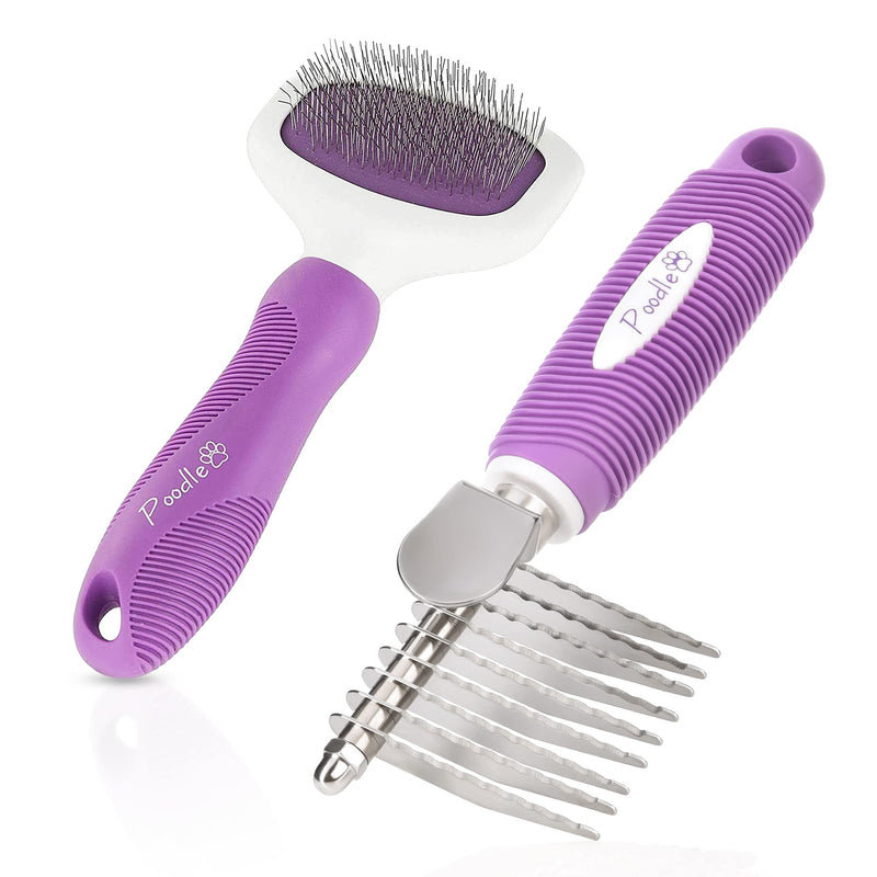 Poodle Pet Bundle - Dematting Fur Rake Comb Brush Tool with Steel Safety Blades for Detangling Matted or Knotted Undercoat Hair and Slicker Brush for Small and Large Dogs Pet Hair Remover - BeesActive Australia