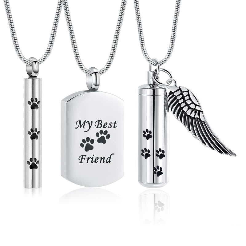 AIWENXI 3 Pieces Paw Print Urn Necklace for Ashes for Women Men Cylinder Pet Cremation Jewelry Dog Cat Memorial Ashes Pendant Silver - BeesActive Australia