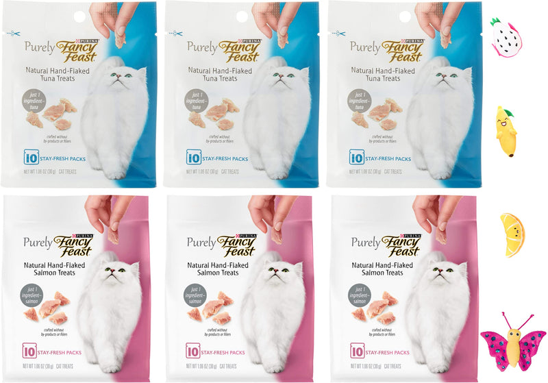 Aurora Pet Cat Treats Bundle Pack (6) Fancy Feast Purely Natural Variety (3 Salmon, 3 Tuna) with (1) Aurora Pet Catnip Toy (Assorted) - BeesActive Australia