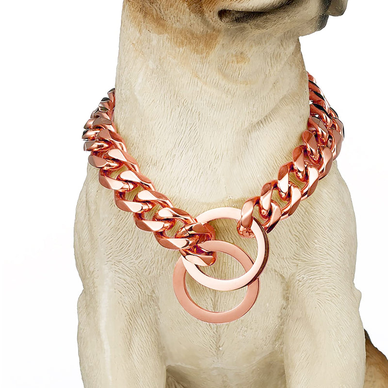 GZMZC Dog Chain Collar High Rose Gold Polished Stainless Steel Cuban Link Strong Heavy Duty Chew Proof Walking Chain Leash Collar for Small Medium Big Dogs 15MM Width 12" - BeesActive Australia