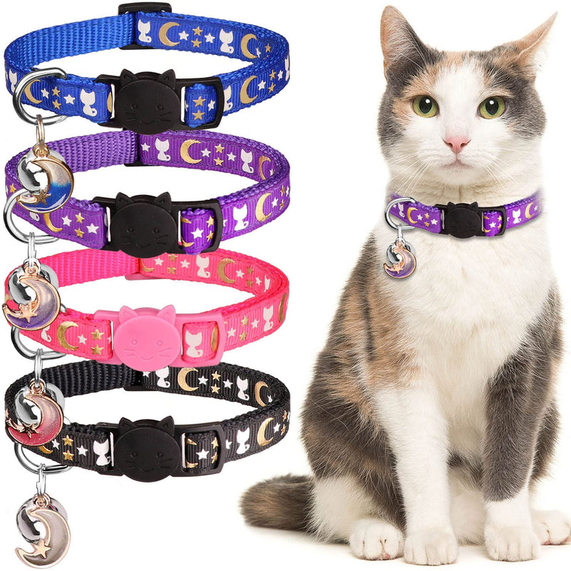 Hinialver 4 PCS Cat Collars with Bell Breakaway Gold Moons and Stars Adjustable Safety Kitten Collars with Charm Glow in The Dark - BeesActive Australia