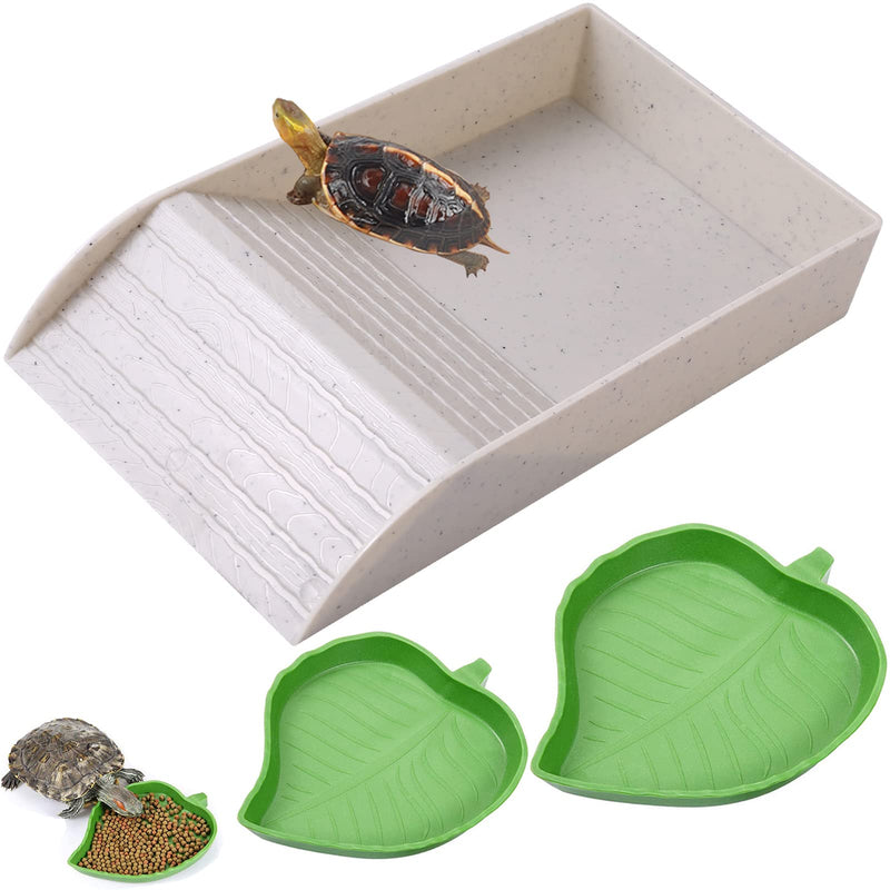 3pcs Tortoise Food Dish with Ramp and Basking Platform Leaf Tortoise Water Food Bowls Reptile Water Dish Turtle Reptile Pool for Amphibians Gray Imitation Granite - BeesActive Australia