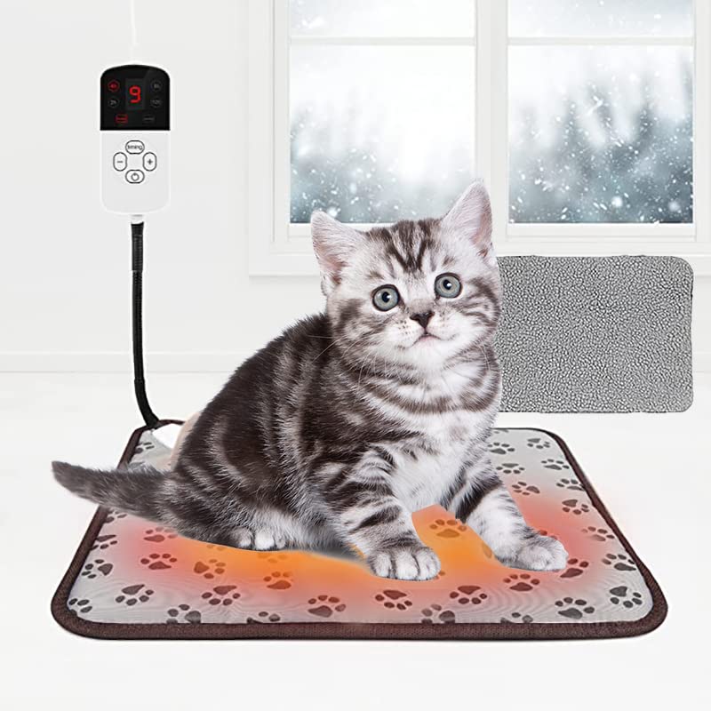 Pet Heating Pad,Upgraded Electric Dog and Cat Thermal Mat,Adjustable Temperature Warming Mat,with Automatic Shut-Off Timer,Easy to Clean Waterproof Anti-Chewing Cord,30-60W(Free Grey Cloth Cover) 18in*18in Grey（Dog footprints） - BeesActive Australia
