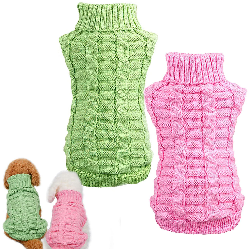 Set of 2 Dog Sweater for Small Dogs, Winter Warm Turtleneck Knitted Chihuahua Sweater, Girl Dog Clothes, Red Cute Pet Knitwear Sweaters Soft Puppy Cold Weather Outfits Doggie Cat Clothing Medium Pink+Green - BeesActive Australia