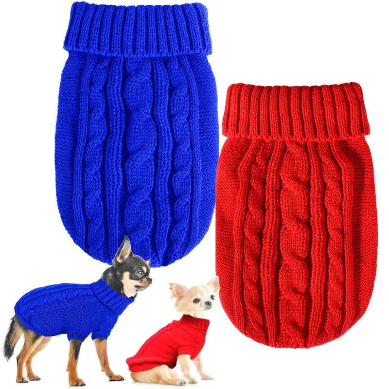 Set of 2 Dog Sweater for Small Dogs, Winter Warm Turtleneck Knitted Chihuahua Sweater, Girl Dog Clothes, Red Cute Pet Knitwear Sweaters Soft Puppy Cold Weather Outfits Doggie Cat Clothing XX-Small Blue+Red - BeesActive Australia