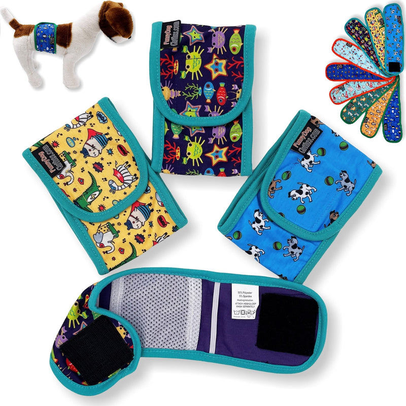 FUNNYDOGCLOTHES Pack of 3 or 9 Dog Belly Band Puppy Diapers Male Boy Belly Wrap Reusable Washable for Small Dog Breeds M: Waist 13" - 15" Pack of 3 - Teal Trim - BeesActive Australia