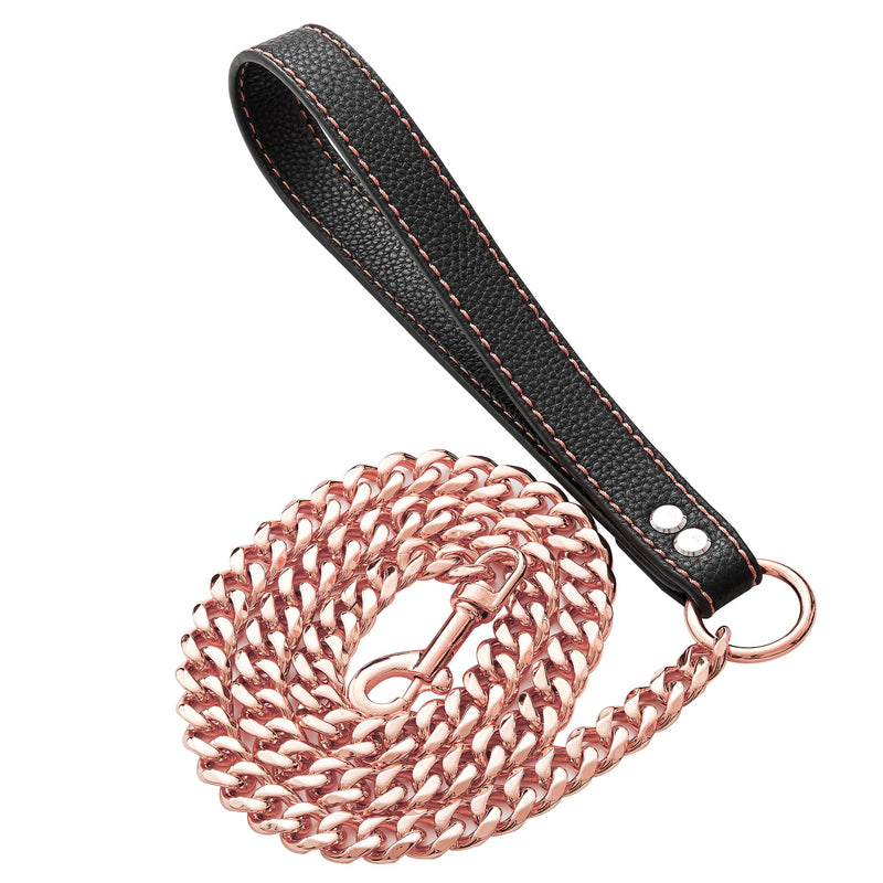 GZMZC Rose Gold Chain Dog Leash 12MM Heavy Duty Dog Leash Chains with Leather Padded Handle for Large Dogs Collar Chain (3FT, 4FT, 5FT 3ft Total Length(Pack of 1) - BeesActive Australia