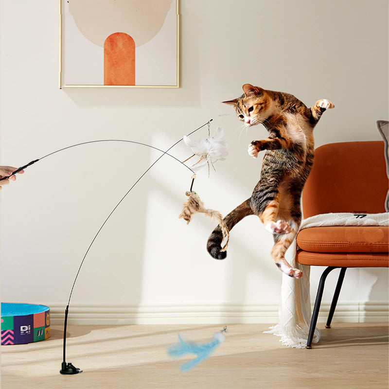 Cat Toy Wand Auto Interactive Cat Toys for Indoor Cat 6 in 1 Hands-Free Natural Bird Feather Ball Toys, Suction Cup Pet Indoor Dancing Playing Toy - BeesActive Australia