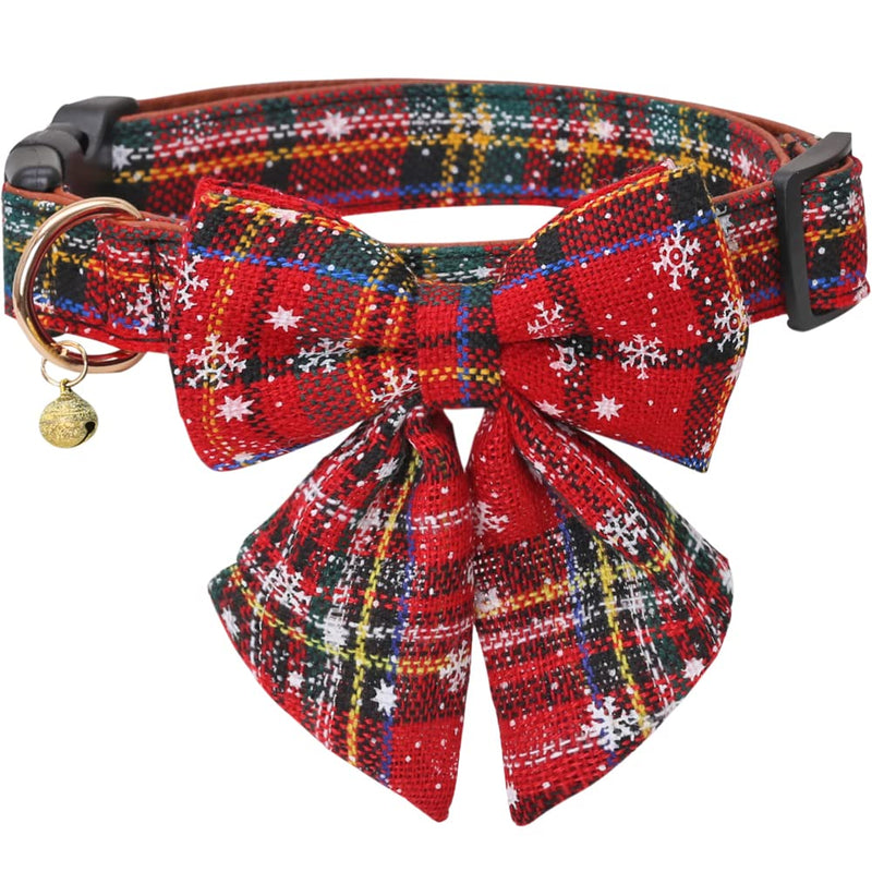 Christmas Dog Collar Snowflake Classic Plaid Adjustable with Cute Bow Tie Flower and Bells Medium Bow-red-2 - BeesActive Australia
