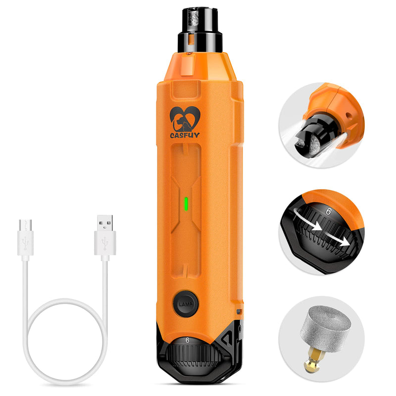 Casfuy 6-Speed Dog Nail Grinder - Newest Enhanced Pet Nail Grinder Super Quiet Rechargeable Electric Dog Nail Trimmer Painless Paws Grooming & Smoothing Tool for Large Medium Small Dogs Orange - BeesActive Australia