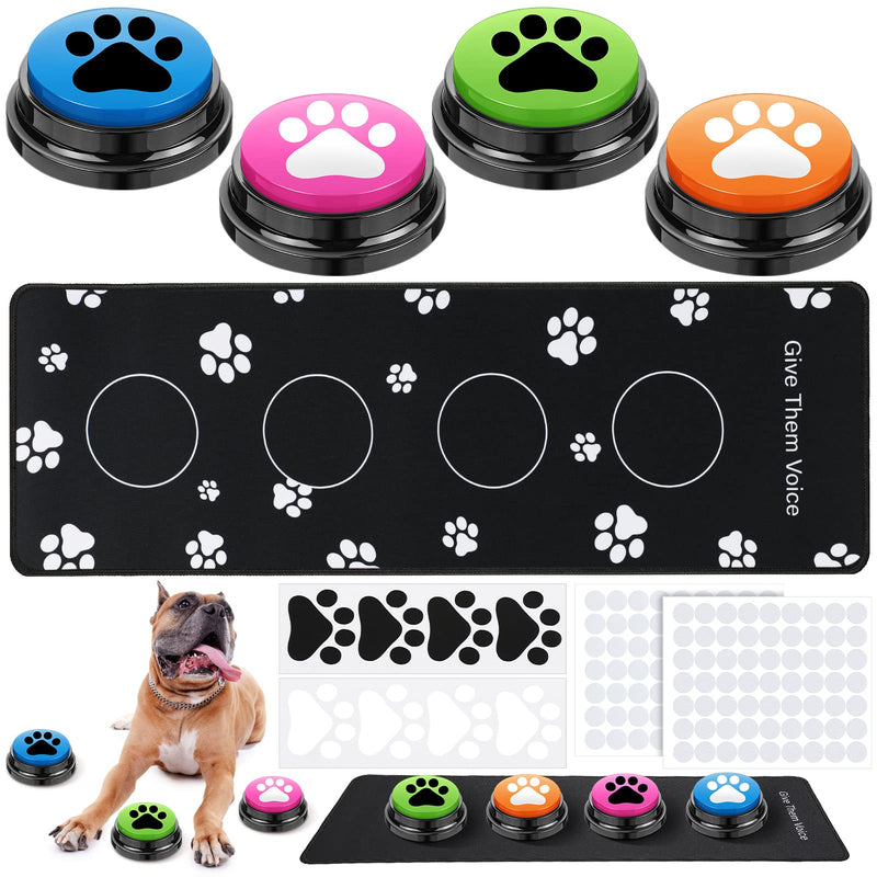 Talking Dog Buttons Set Include 4 Recordable Dog Buttons, Talking Buttons for Dog Communication, 1 Dog Button Mat (4 Button Placements), 50 Pairs Self Adhesive Dots, 8 Dog Paw Stickers for Dog Buttons - BeesActive Australia