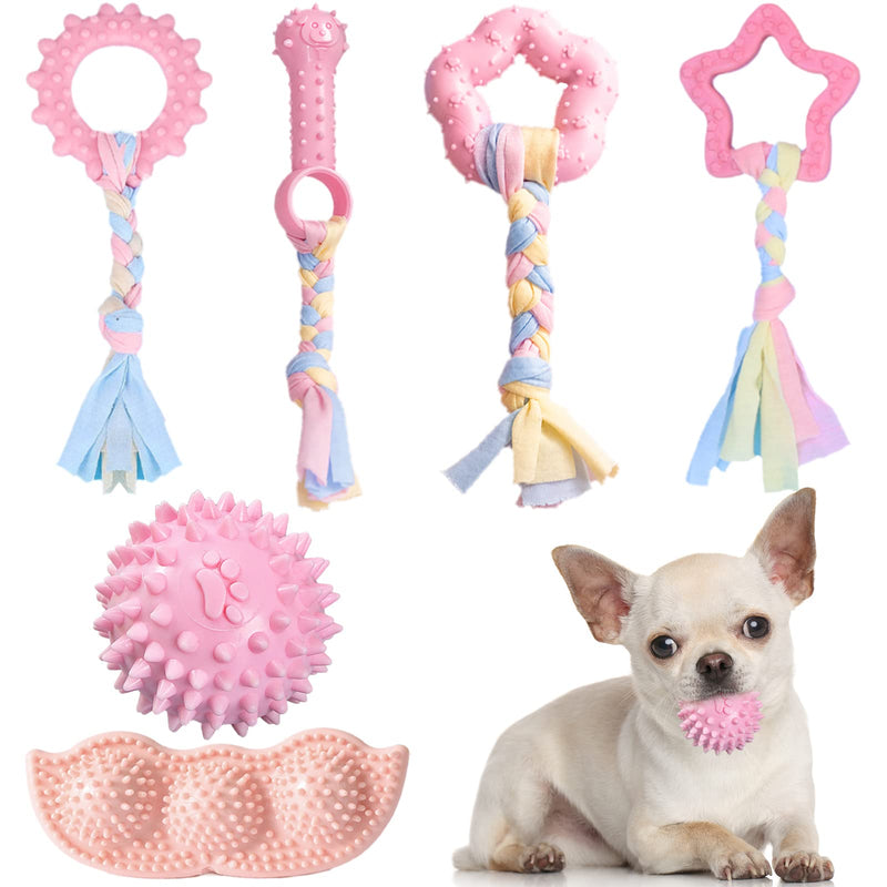 ABRRLO 6 Pack Puppy Chew Toys for Teething Small Dogs Toys for Puppies Cute Pink Soft Durable Rubber Pea Ball Rope Pet Toy for Anxiety Relief Cleaning Teeth and Protect Oral Health - BeesActive Australia