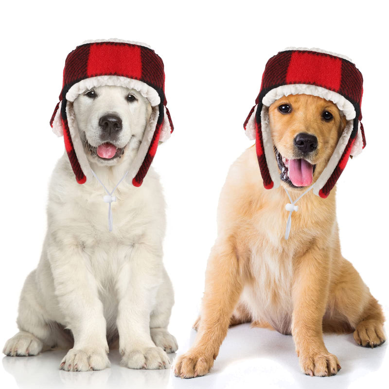 2 Pieces Christmas Dog Hats with Earmuffs Pets Adjustable Warm Trapper Hat Winter Adjustable Pet Red Plaid Pet Hat Xmas Dog Headwear for Small Dogs - BeesActive Australia