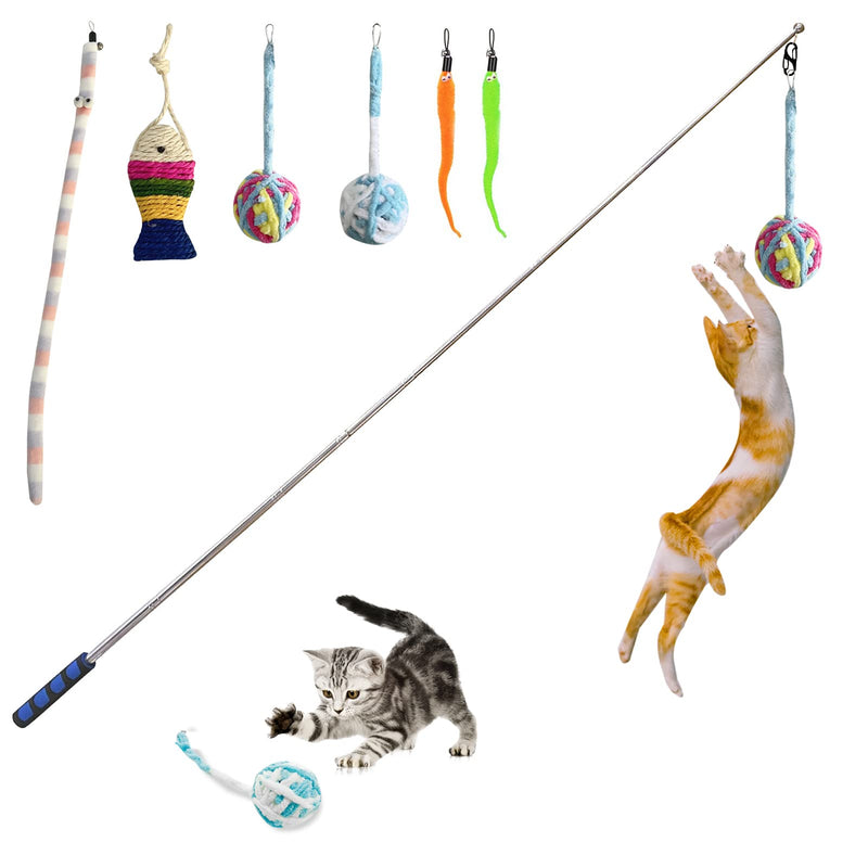 Retractable Cat Toys Wand, 7 Pack Super Long 55.1" Retractable Cat Wand Toy Ball of yarn Rainbow Cat String Toy with Feather Teasers, Interactive Cat Toys for Indoors,Funny Exercise for Kitten or Cats - BeesActive Australia