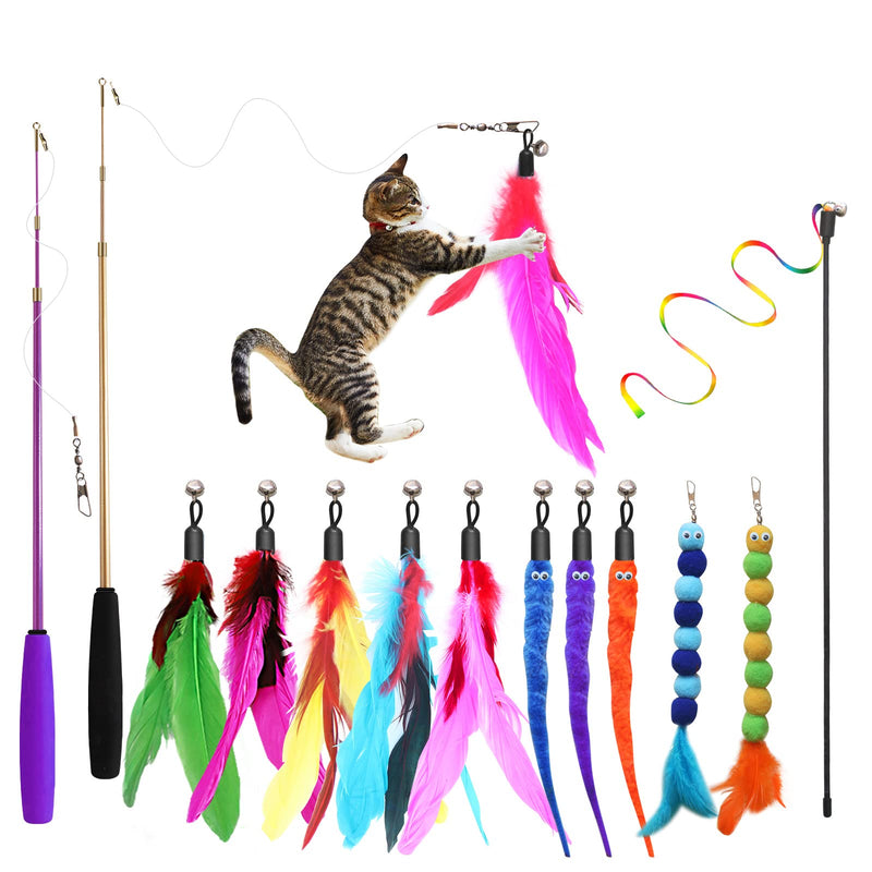 Cat Toys, Atosun 2PCS Retractable Cat Feather Toys, 10PCS Replacement Teaser Refill, 1PC Rainbow Ribbon Wand Interactive Kitten Toys for Indoor Cat Make Exercise - BeesActive Australia