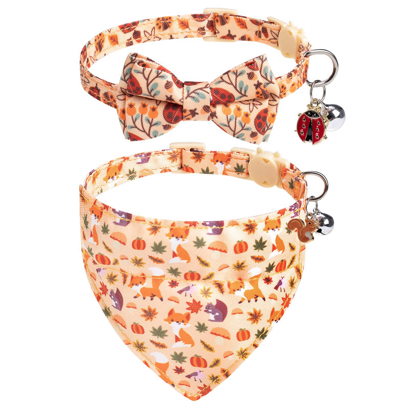 EXPAWLORER Thanksgiving Cat Collar with Removable Bow Tie and Bandana, 2 Pack Adjustable Cute Kitten Collar with Ladybug Squirrel Bell Breakaway, Holiday Ideal Gift for Boy Girl Cats - BeesActive Australia