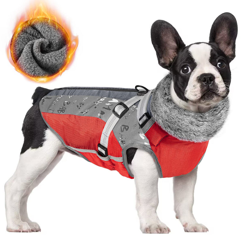 SlowTon Winter Dog Coat with Detachable Harness, Waterproof Fleece Lining Warm Dog Clothes for Small Medium Dogs, Reflective Adjustable Furry Jacket Outdoor Walking Puppy Vest Apparel (Red M) Medium (Chest 17.2"-20.2") Red&Grey - BeesActive Australia