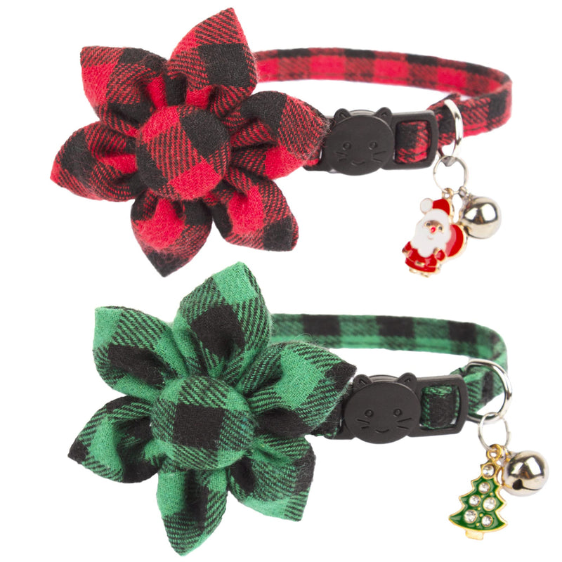 ADOGGYGO Christmas Cat Collars with Flower Bell, 2 Pack Breakaway Cat Christmas Collar with Removable Floral, Red Green Plaid Flower Collars for Cats - BeesActive Australia