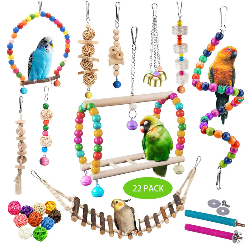 Sysmashing 22 Packs Bird Parakeet Cockatiel Toys,Parrot Swing Chewing Hanging Toy with Safe Bells,Bird cage Colorful Climbing Standing Rope Natural Wood Ladder Bungee Toys - BeesActive Australia