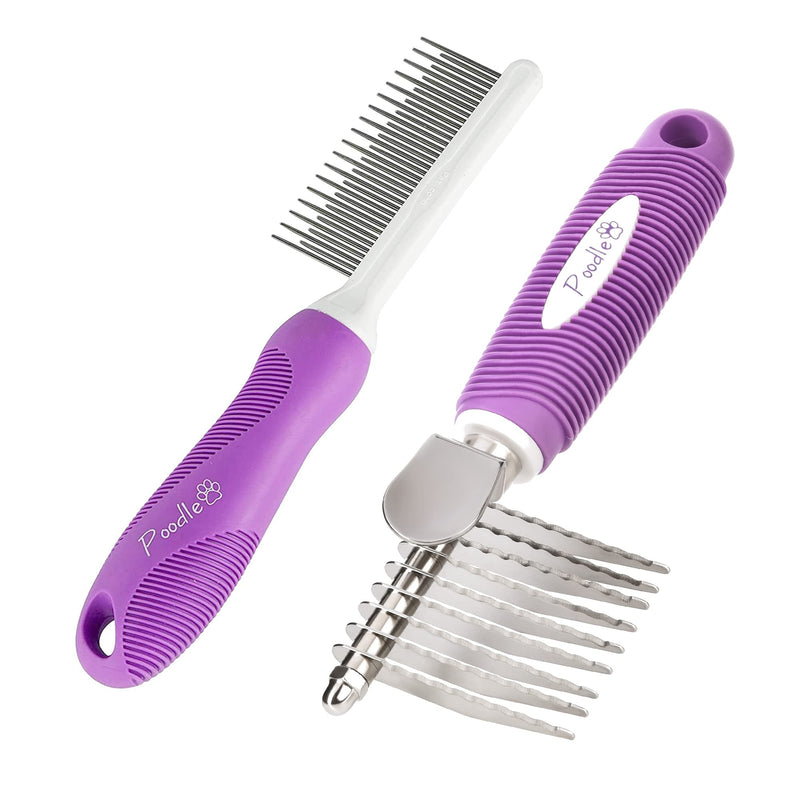 Poodle Pet Bundle - Detangling Pet Comb Dog Cat Grooming Comb + Dematting Fur Rake Comb Brush Tool with Safety Blades for Matted or Knotted Undercoat Hair - BeesActive Australia