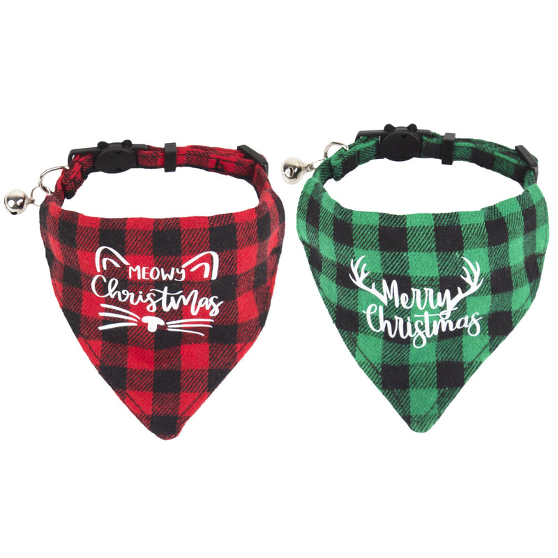 ADOGGYGO Christmas Cat Collars Breakaway with Bell, 2 Pack Adjustable Cat Bandana Collar with Merry Christmas Pattern, Red Green Plaid Cat Christmas Collars for Cats Kittens - BeesActive Australia