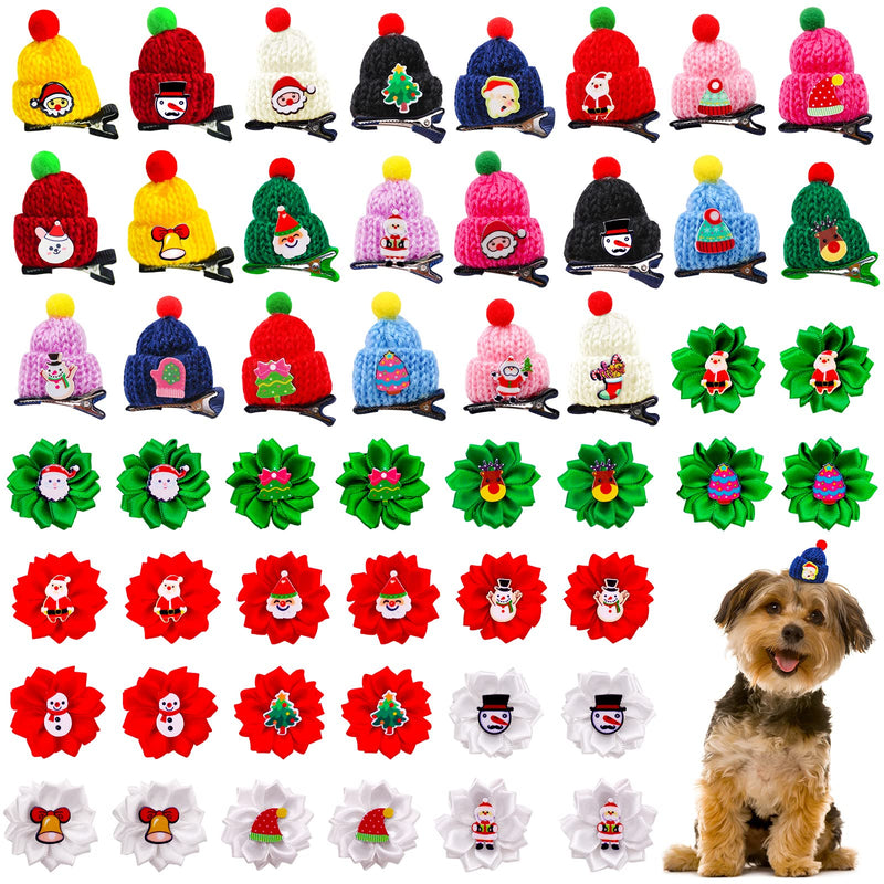 50pcs Christmas Pet Head Flower, Christmas Festive Head Flower with Cartoon Patch for Small and Medium Pet Hair Grooming (Bows and Hat) - BeesActive Australia