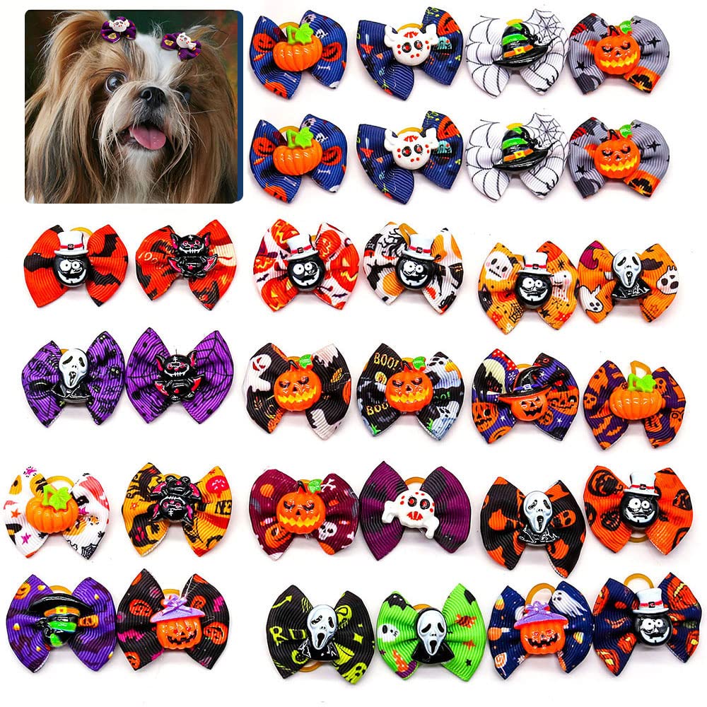 Senniea 60pcs Halloween Pet Bows. Puppy Hair Bows with Halloween Patches, Pet Bows for Cats and Dogs - BeesActive Australia
