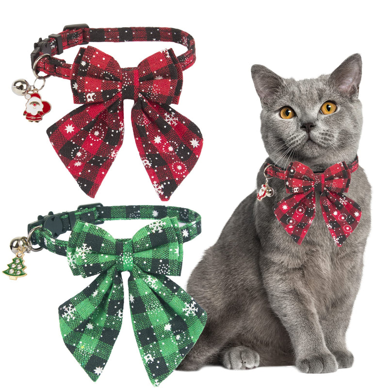 ADOGGYGO Christmas Cat Collars Breakaway with Stylish Bow, 2 Pack Red Green Plaid with Snowflake Christmas Kitten Collar with Bell, Removable Bowtie Cat Christmas Collar for Cats Kittens - BeesActive Australia