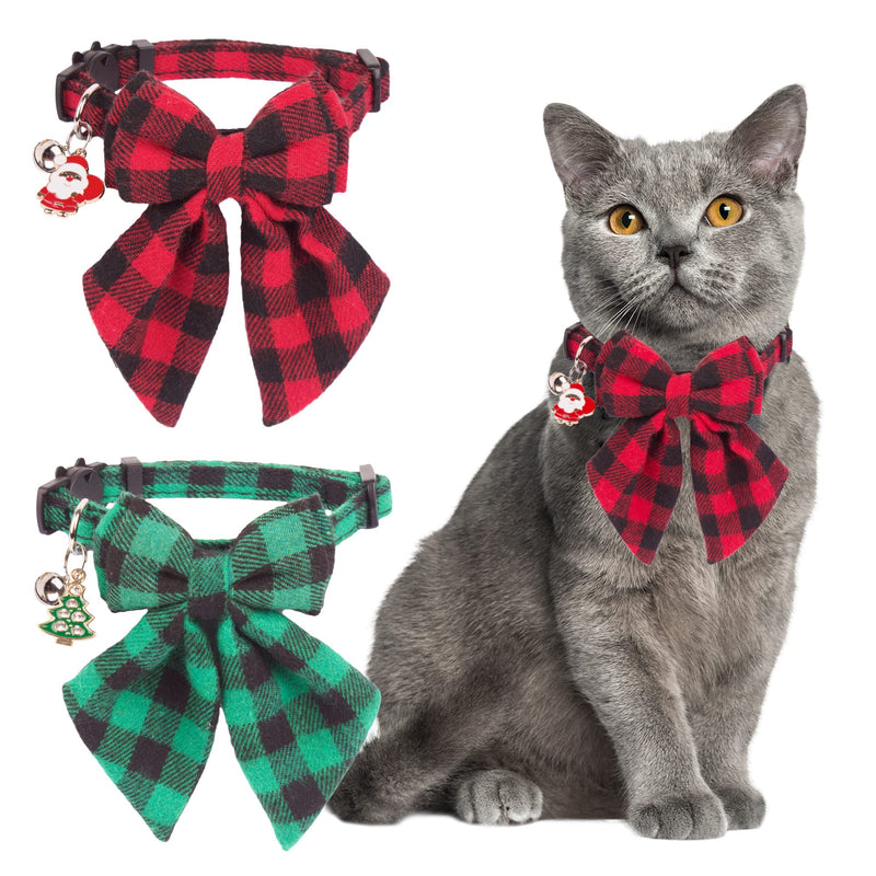ADOGGYGO Christmas Cat Collars Breakaway with Stylish Bowtie, 2 Pack Red Green Plaid Christmas Kitten Collar with Bell Removable Bow Cat Christmas Collar for Cats Kittens - BeesActive Australia