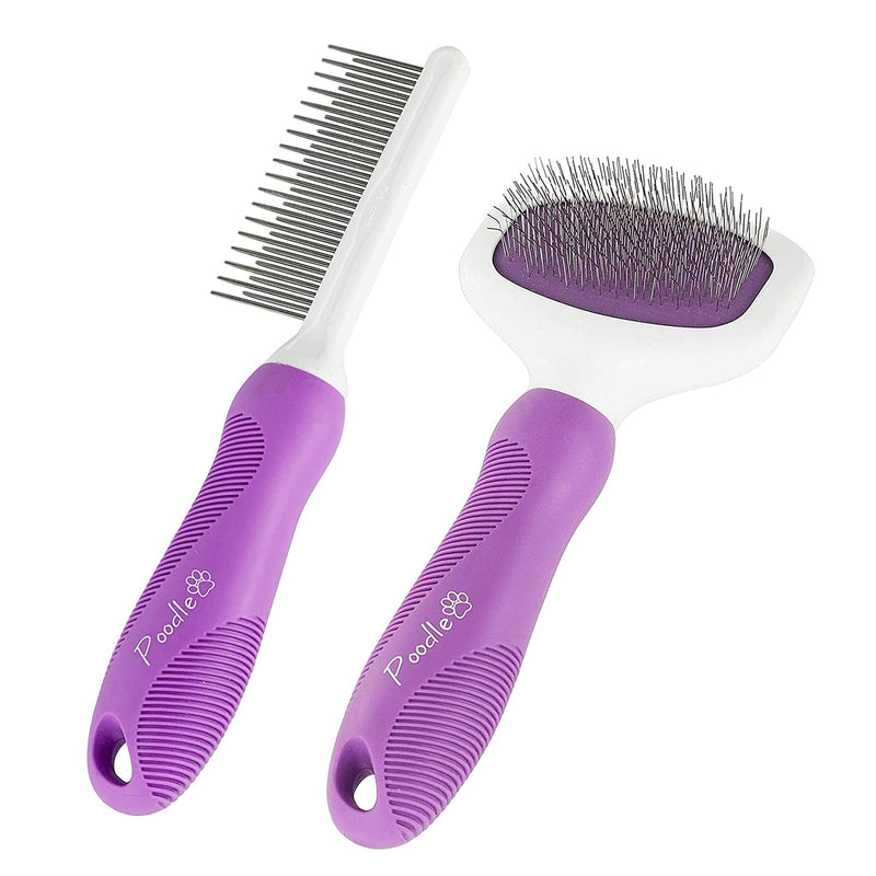 Poodle Pet Bundle - Detangling Pet Comb Detangler Tool Grooming Comb for Dog and Cat + Slicker Brush for Small and Large Dogs Grooming Brush - BeesActive Australia