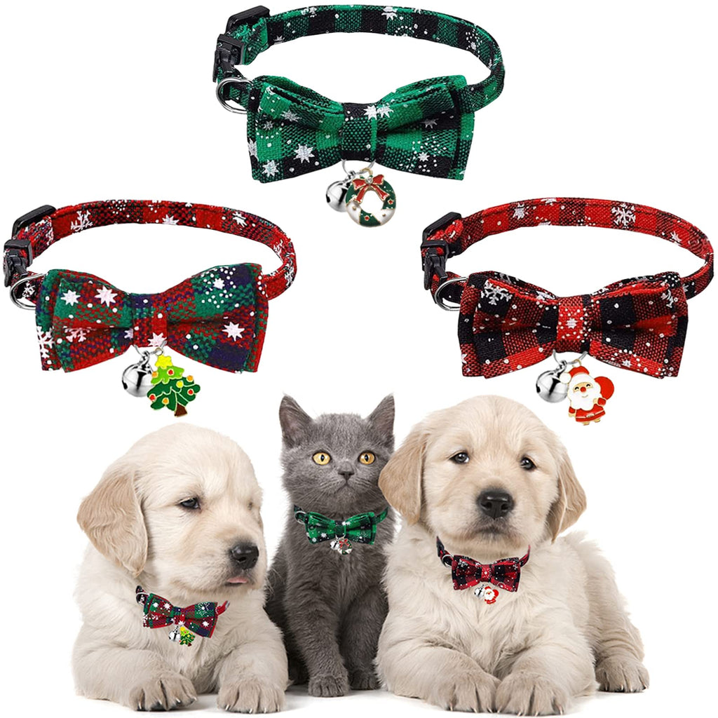 Christmas Cat Collars, 3 Pieces Plaid Design Adjustable Breakaway Cute Collar with Bow Tie, Pendant and Bell for Girl Boy Kittens & Puppy - BeesActive Australia