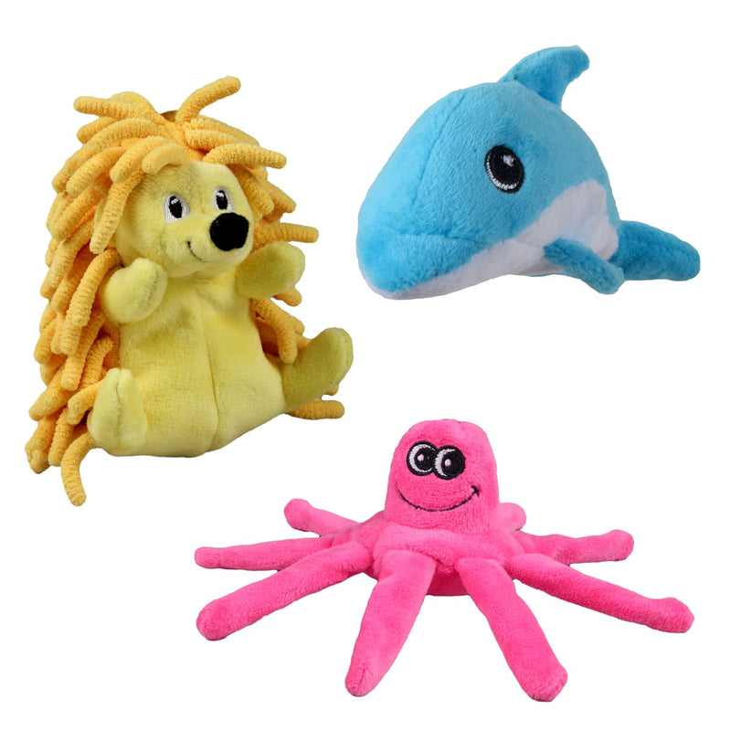 Snuggle Puppy Tender-Tuffs Tiny Hedgehog, Clownfish, and Dolphin Plush Dog Toys Bundle - Tough Marine Animal Squeaky Toys - BeesActive Australia