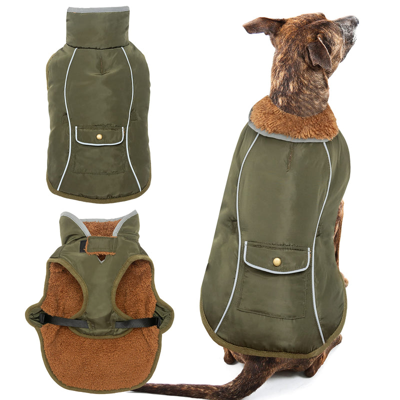 Dog Winter Coat - Warm Fleece Dog Clothes for Rain Snow Wind Cold Weather - Reflective Adjustable Cozy Waterproof Windproof Dog Vest Jacket with Leash Hole for Small Medium Large Dogs Indoor Outdoor L (chest:19"-28" neck:17.5") Green - BeesActive Australia