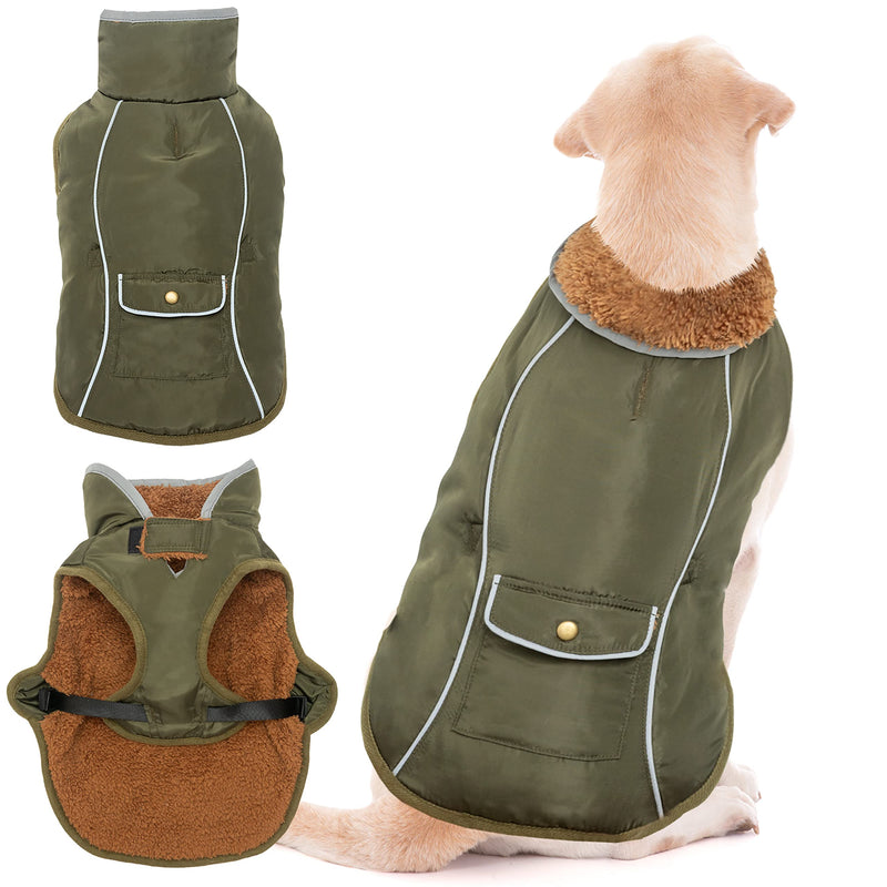 Dog Winter Coat - Warm Fleece Dog Clothes for Rain Snow Wind Cold Weather - Reflective Adjustable Cozy Waterproof Windproof Dog Vest Jacket with Leash Hole for Small Medium Large Dogs Indoor Outdoor XXL (chest:30"-40" neck:23.2") Green - BeesActive Australia