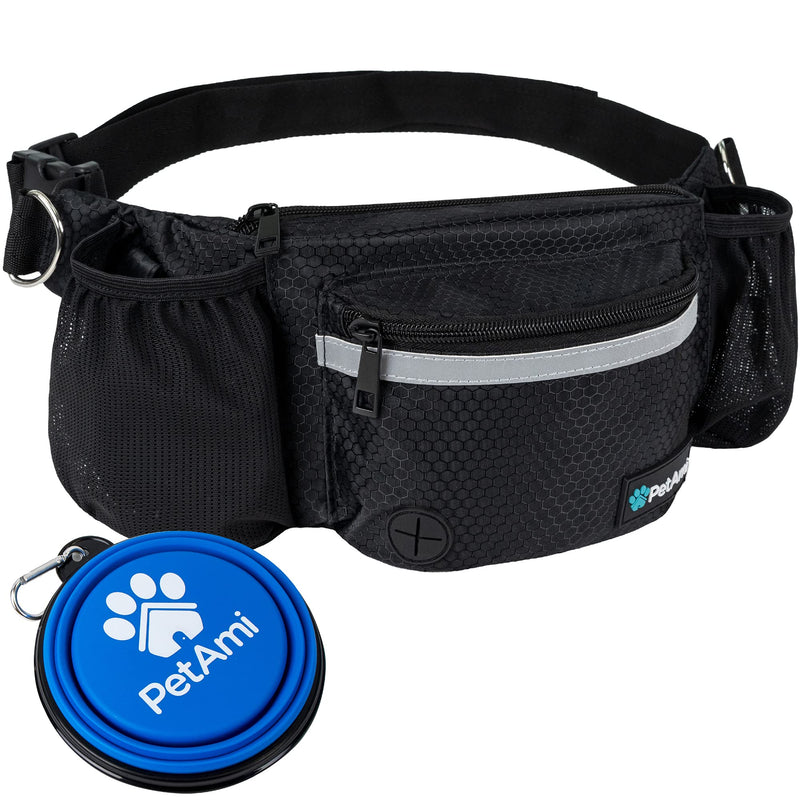 PetAmi Dog Fanny Pack, Treat Pouch for Dog Walking, Training, Built in Poop Bag Dispenser, Water Bottle Holder, Collapsible Bowl, Pet Treat Waist Belt for Hiking, Running, Kibbles Black - BeesActive Australia