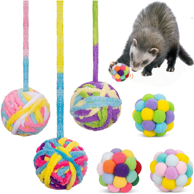 HAICHEN TEC 6 Pack Ferret Toys Ball Set - Woolen Yarn Ferret Balls with Built-in Bell Soft Colorful Pompom Balls Interactive Sound Toy Exercise Scratch Play Chew Toys for Indoor Pet Ferret Cat Kitten - BeesActive Australia