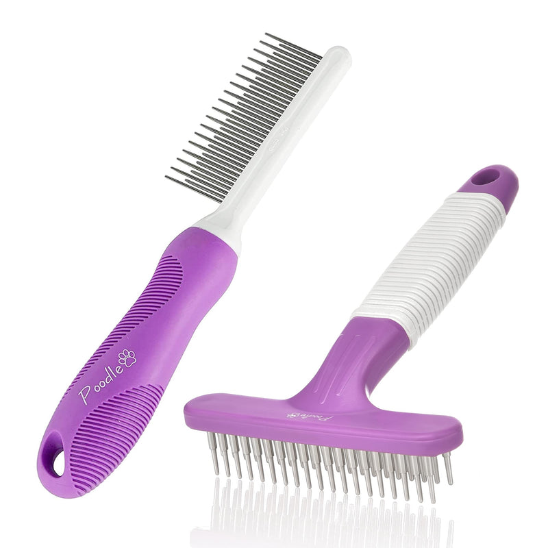 Detangling Pet Comb with Long & Short Stainless Steel Teeth for Removing Matted Fur, Knots & Tangles (Grooming Comb) and Dog Grooming Rake - Dematting Tool with Stainless Steel Shedding Comb Bundle - BeesActive Australia
