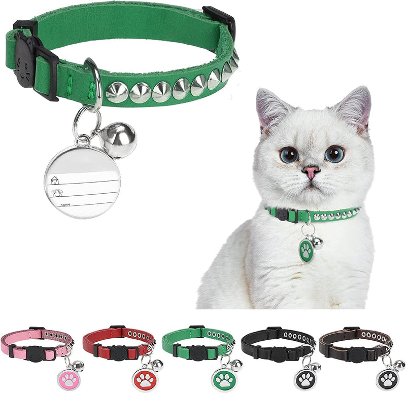 DILLYBUD Leather Personalized Breakaway Cat Collar with Studded Bell and Safety Quick Release Buckle - Rivets Studded ID DIY Collars for Boy Girl Cats Kittens Green Genuine Leather - BeesActive Australia