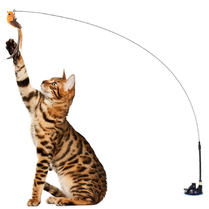 Leo's Paw Interactive Bird Simulation Cat Toy Set Realistic & Colorful with Feathers & Bells on Wand Self-Holding Suction Base Stimulating Real-Life Flying Bird Impression for Hunting Exercise & Play With 5 Birds - BeesActive Australia