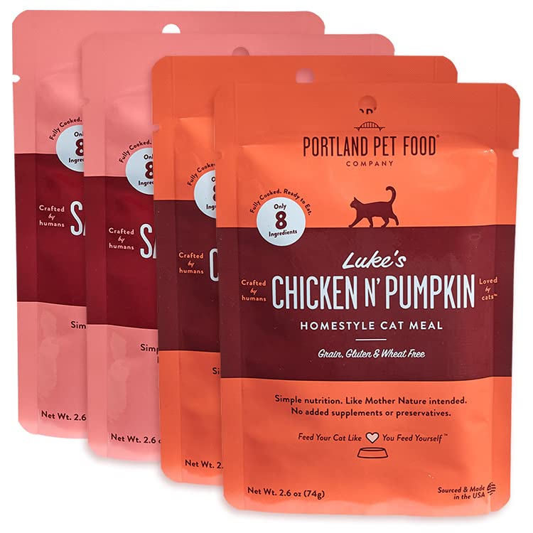 Portland Pet Food Company Human-Grade Mixed Variety Pack Wet Cat Food Pouch — Moist, Soft Cat Food Mixer, Topper, and Rotational Meal 2 Chicken, 2 Salmon (4 Pack) - BeesActive Australia