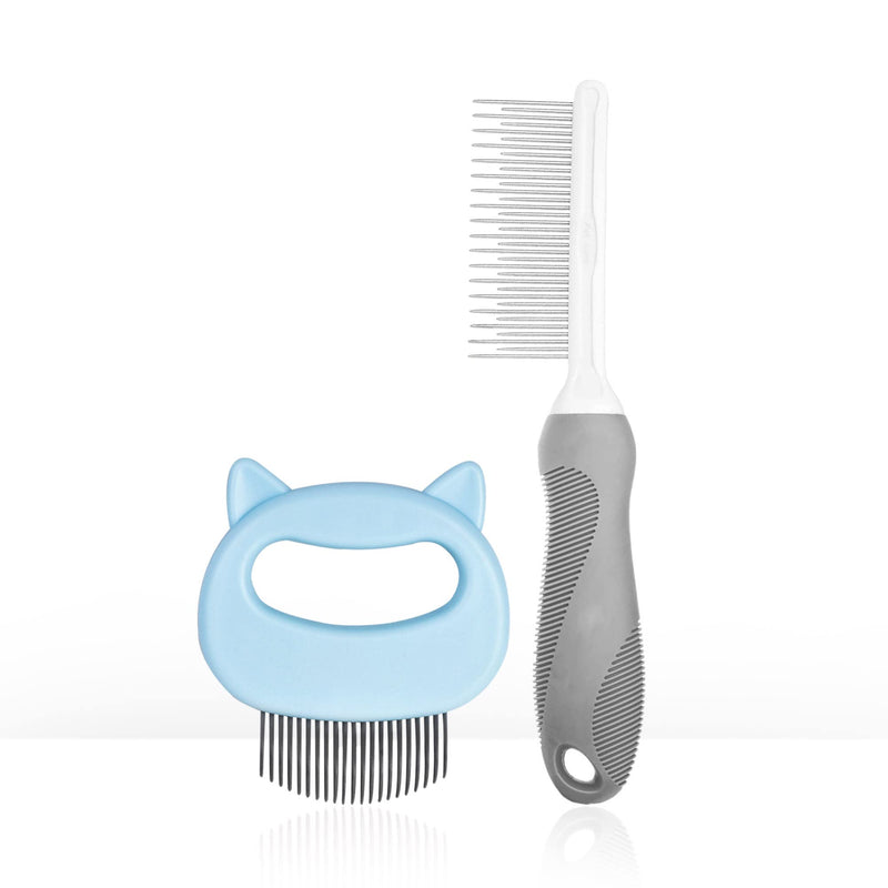 SKYPIA 2 Pcs Dog & Cat Combs For Home Grooming Massage Kit – 2-IN-1 Detangler Brush with Massaging Shell Comb For Long & Curly Hair, Removes Knots, Mats and Tangles Pet Hair Remover Soft Dematting and Deshedding For Dog Puppy Rabbit (Blue) Blue - BeesActive Australia