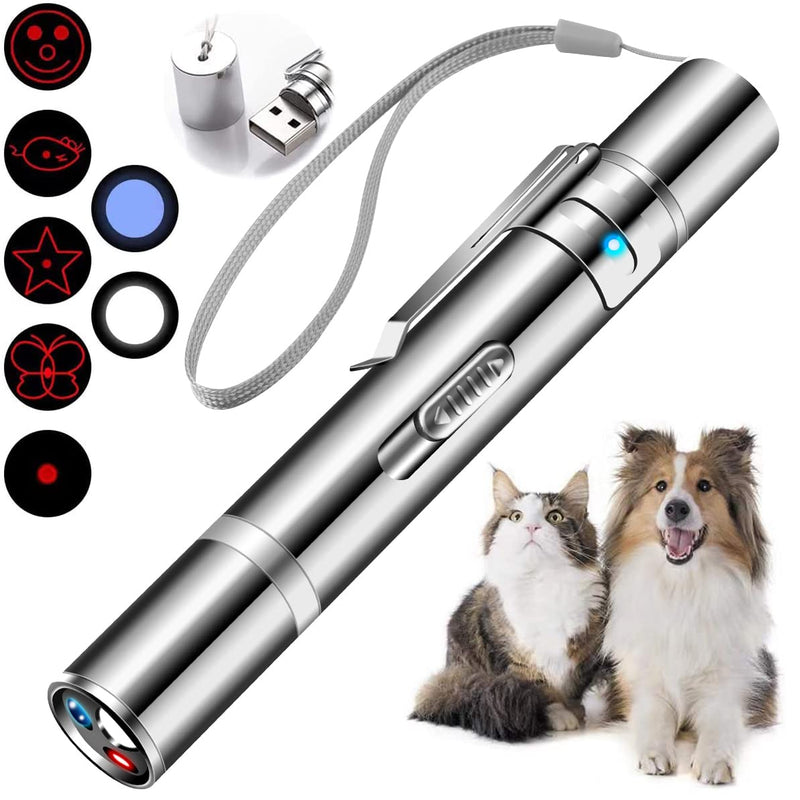 Cowjag Cat Laser Toy, 7 Adjustable Patterns Laser Pointer, USB Recharge Laser, Long Range 3 Modes Training Chaser Interactive Toy, Dog Laser Pen Toy Silver - BeesActive Australia