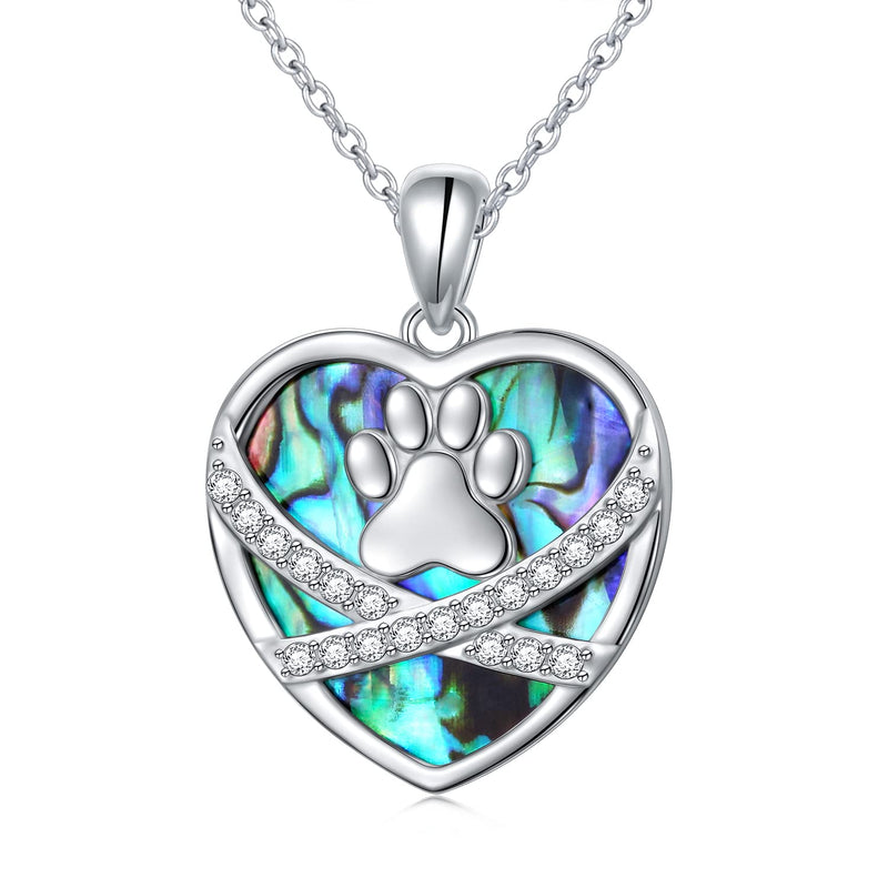 S925 Sterling Silver Puppy Dog Cat Pet Paw Print Love Heart Pendant Necklace 18 inches Pet Paw Print-Abalone Shell - BeesActive Australia