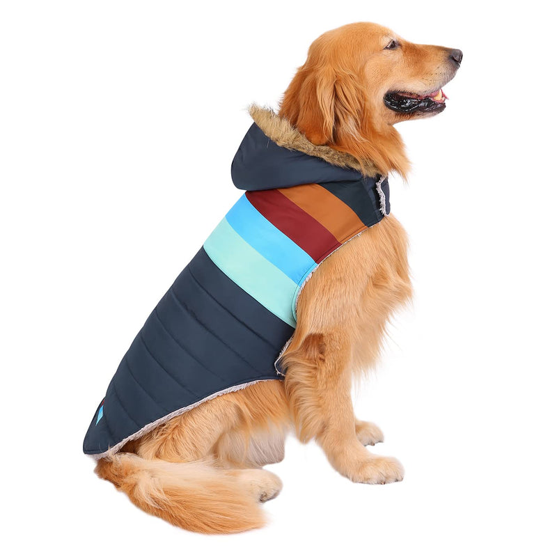 HDE Dog Puffer Jacket Fleece Lined Warm Dog Parka Winter Coat with Harness Hole X-Large Navy Retro Stripe - BeesActive Australia