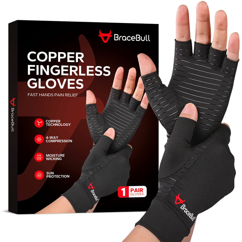 BraceBull Arthritis Gloves (2 Count), Copper Infused Fingerless Compression Gloves for Hand Pain, Carpal Tunnel, RSI, Rheumatoid, Tendonitis, and Relieve Muscle Pain for Women & Men (M, Black) Medium - BeesActive Australia